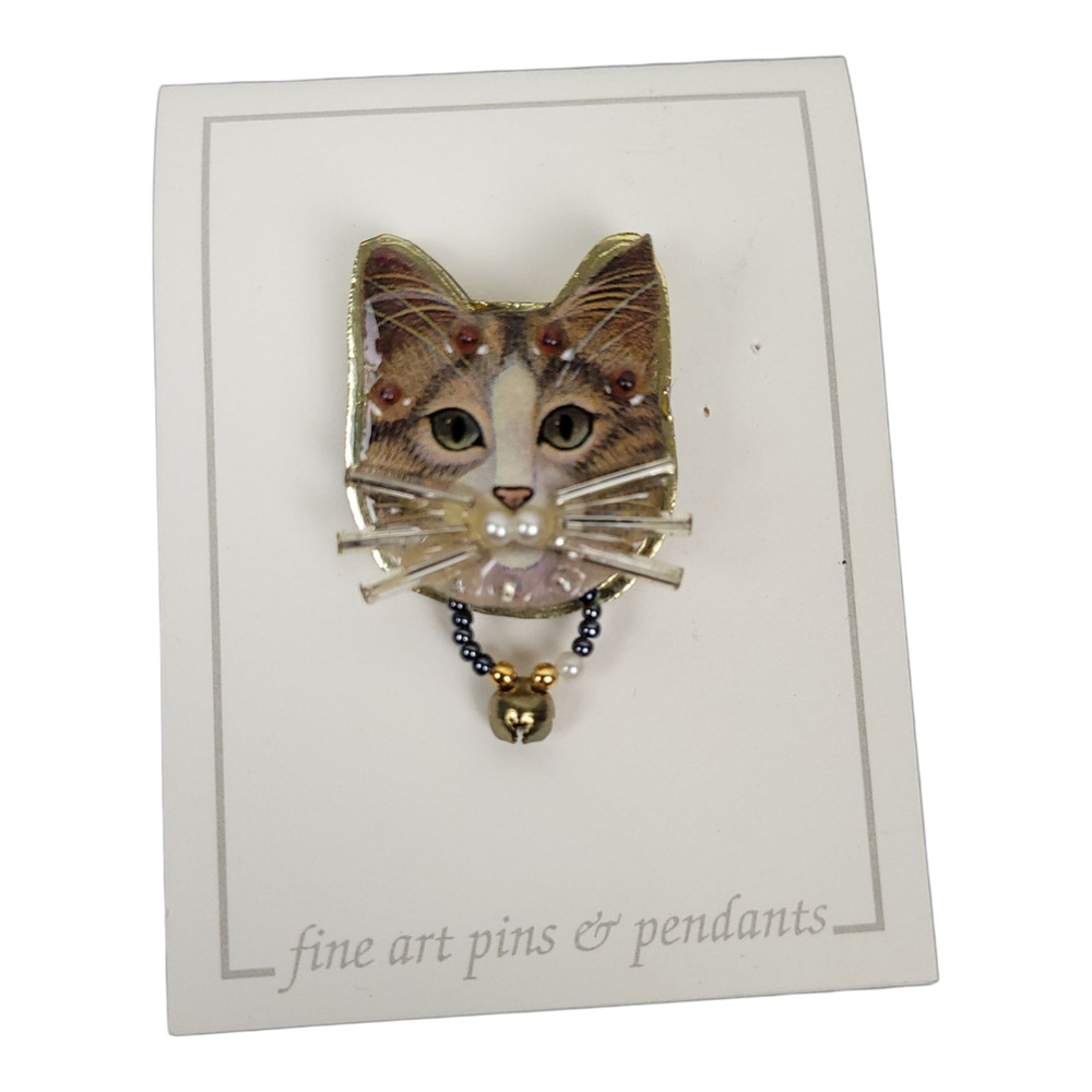 Vintage Bonnie Kondor 3D Cat Kitten‎ Collar Brooch Fine Art Pin Mixed Media NEW